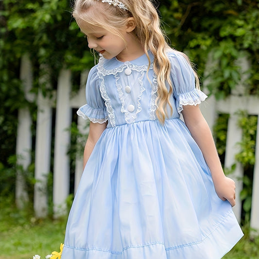 Girls' Lace Trims Collared Short Sleeve Princess Dress