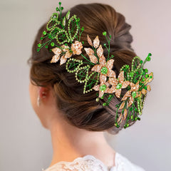 Bohemian Leaf Hair Clip Green & Golden Glitter Bridal Hairpin