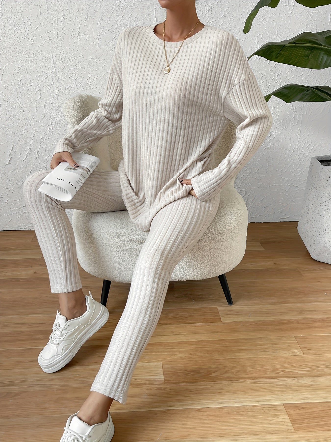 Ribbed Knit Two piece Set Long Sleeve Crew Neck Top & Slim Pants