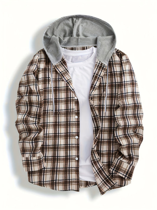 Men's Retro Plaid Shirt Jacket Hooded
