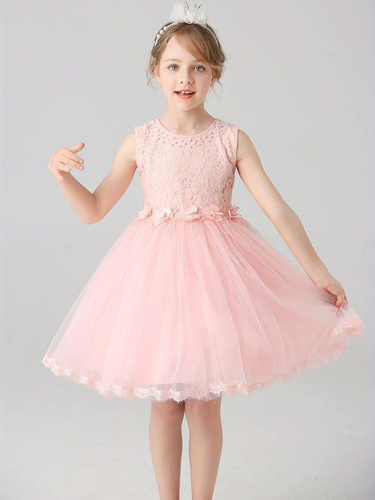 Girls Sleeveless Tutu Dress Beads Flower Appliques Party Birthday Princess Dress