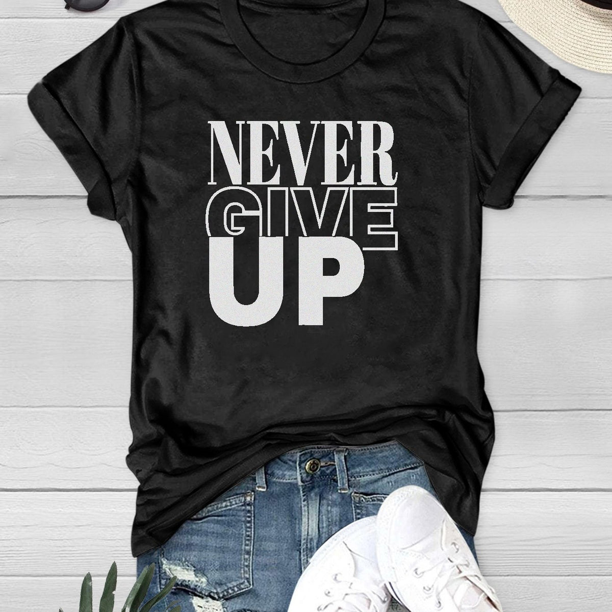 Never Give Up Letter Graphic Casual T-shirts Short Sleeve Round Neck