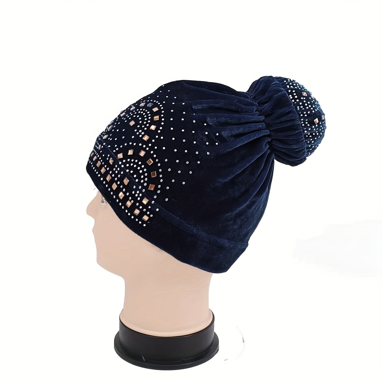 Pom Pom Rhinestone Turban Velvet Head Wrap Chemo Cap