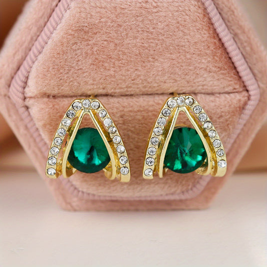 Green Stone Stud Earrings 18K Plated Women Girls 1Pair