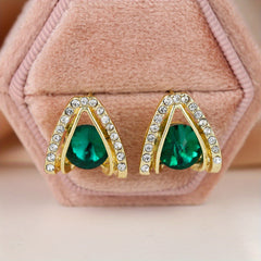 Green Stone Stud Earrings 18K Plated Women Girls 1Pair