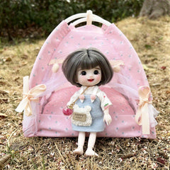 1:12 Scale Pink Dollhouse Tent with Floral Pattern Bow Accents