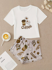 Cartoon Print Pajamas Set Short Sleeve Top & Shorts Pj Set Women's Sleepwear