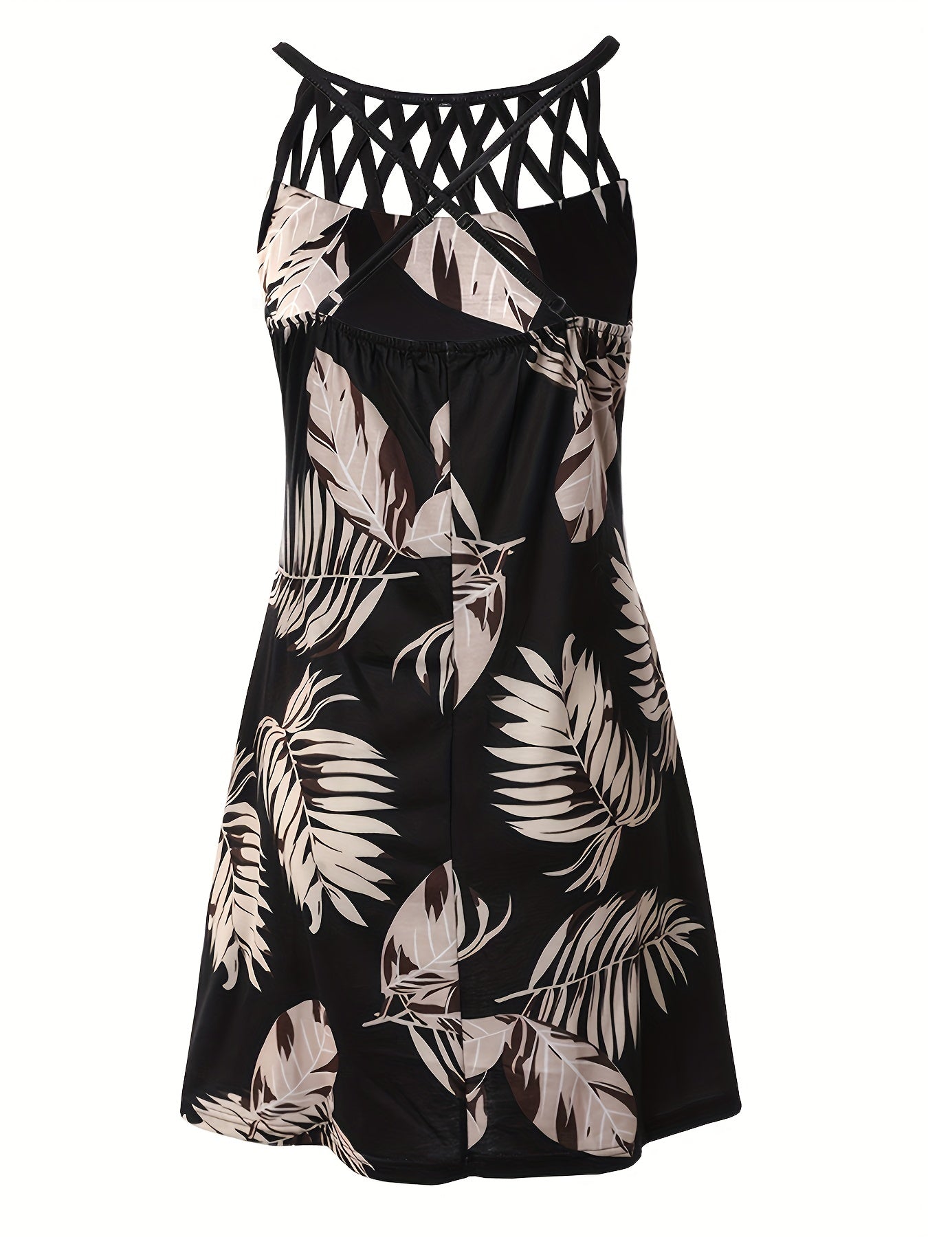 Leaves Print Sleeveless Backless Cut Out Dress Casual