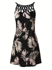 Leaves Print Sleeveless Backless Cut Out Dress Casual