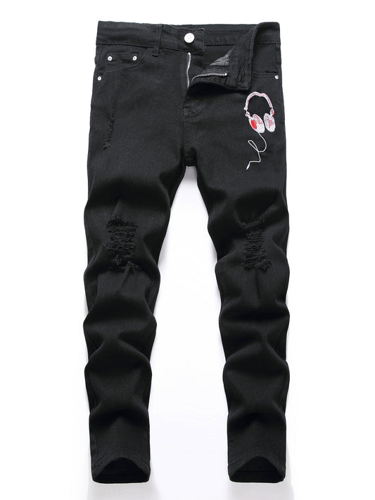Boys Headphone Print Ripped Jeans