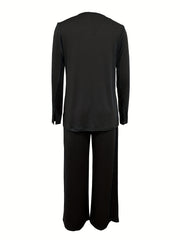 V Neck Split Top & Wide Leg Pants Set