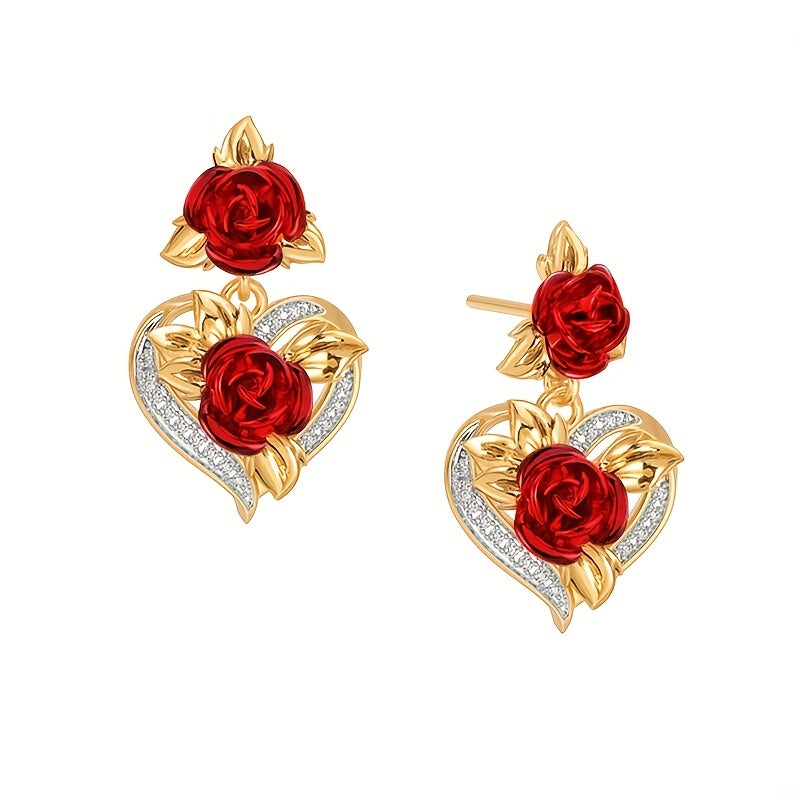 Heart Rose Flower Dangle Earrings