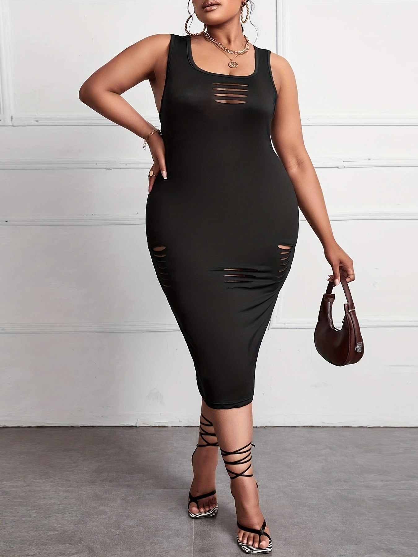  Sexy Tank Dress Women's Plus Solid Ripped Square Neck Semi Sheer