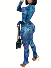 Vintage Graphic Print 2pc Set Bodysuit & High Waist Pants Women's Clothing