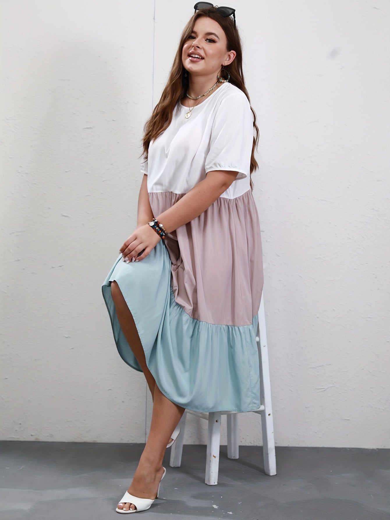  Colorblock Short Sleeve Round Neck Midi Smock Dress