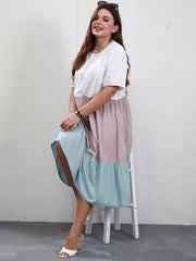  Colorblock Short Sleeve Round Neck Midi Smock Dress