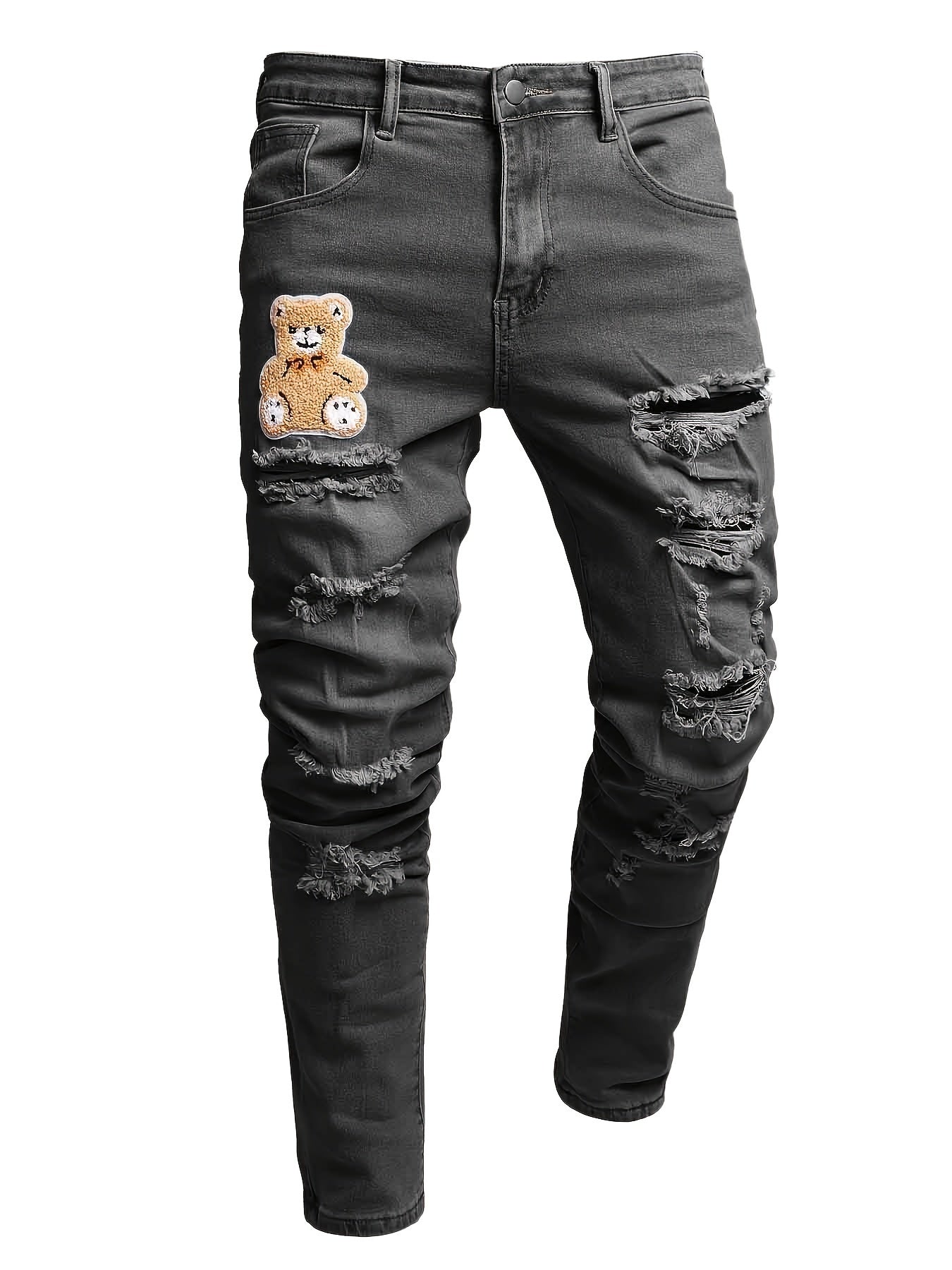 Men's Ripped Washed Slim Fit Jeans with Embroidered Bear Patch