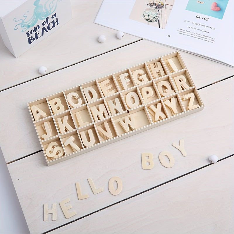 130pc Wooden Craft Letters w/ Storage Tray Natural Blank Unfinished Alphabet
