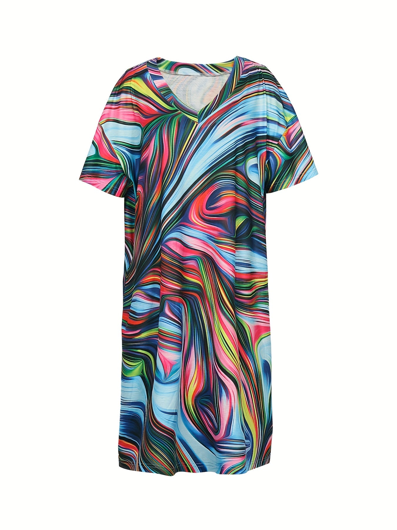  Allover Print Short Sleeve V Neck Dress With Pockets