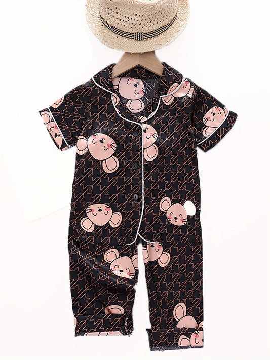 Cartoon Mouse Kid's Satin Pajamas 2pcs Short Sleeve Top & Pants Set