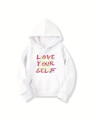 Girls 'Love Yourself' Print Hooded Sweatshirt - Long Sleeve Hoodie Pullover