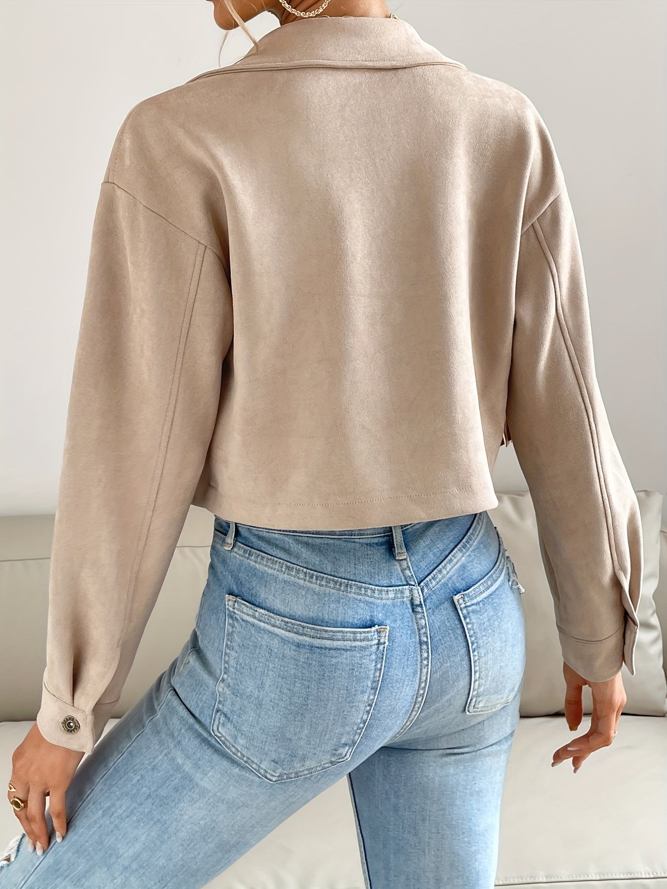 Button Tassel Solid Crop Jacket Women's Clothing