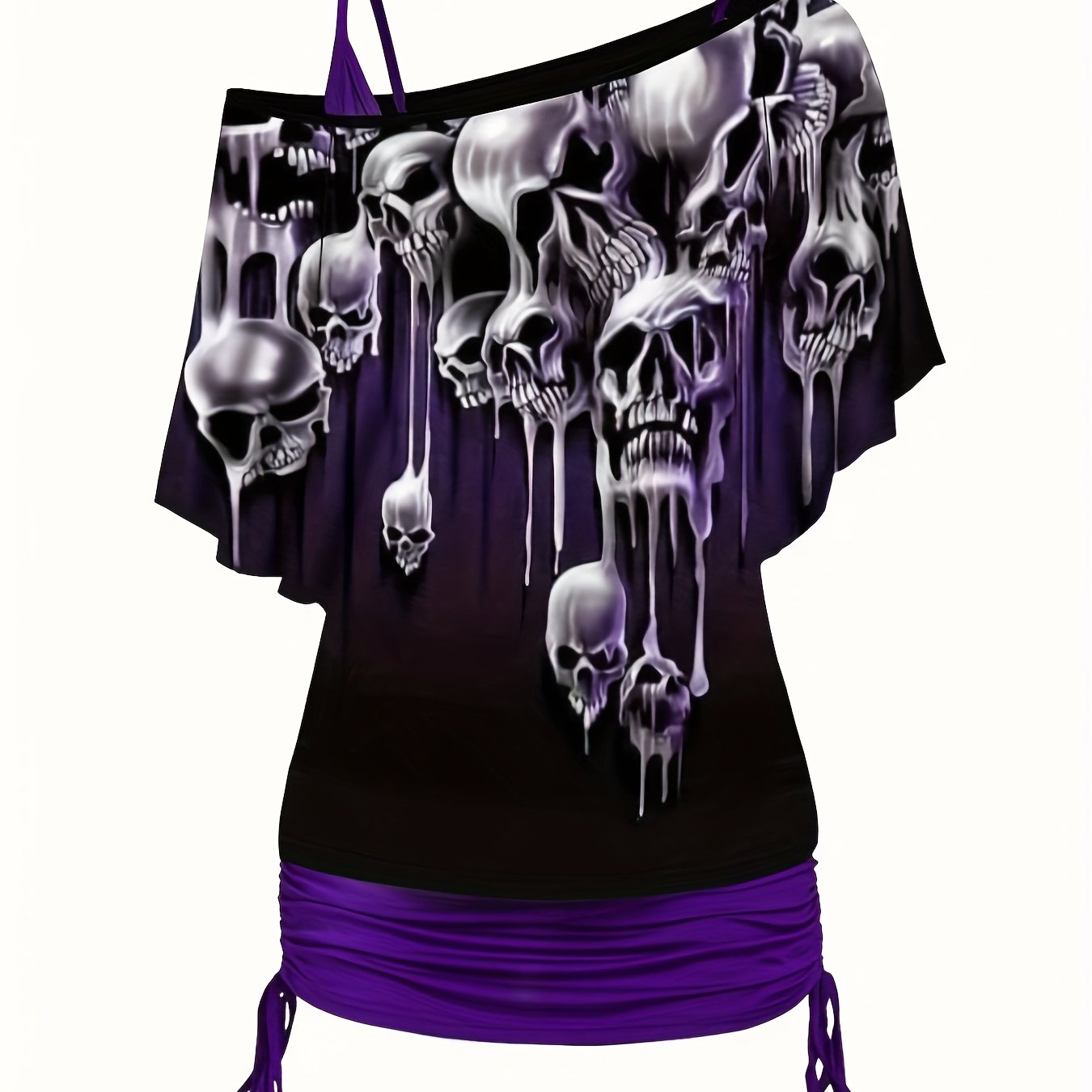Gothic Bodycon 2pc Set Wings Pattern Slanted Shoulder Tops & Dress