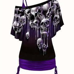 Gothic Bodycon 2pc Set Wings Pattern Slanted Shoulder Tops & Dress