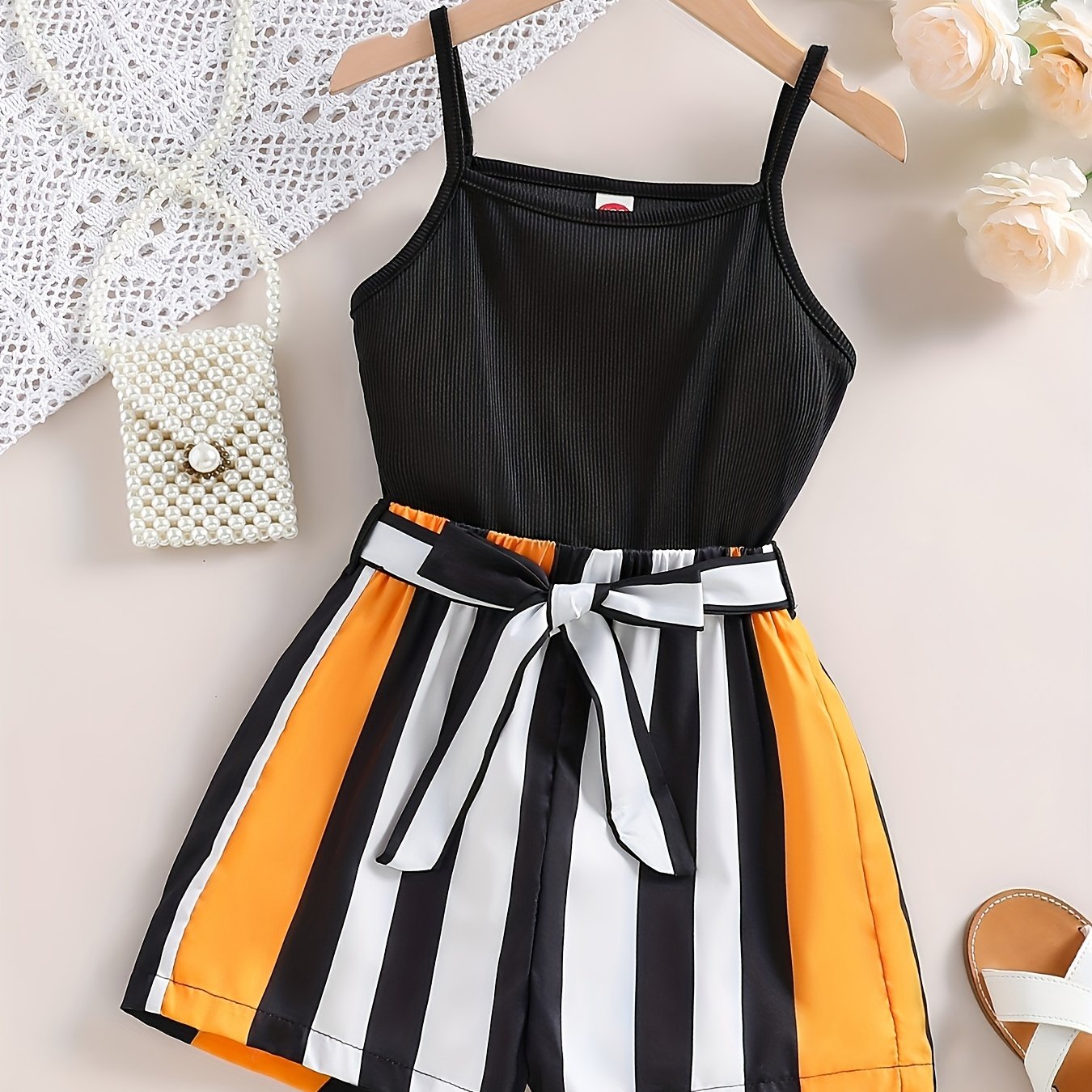 Girls Striped Spaghetti Strap Cami Romper Summer