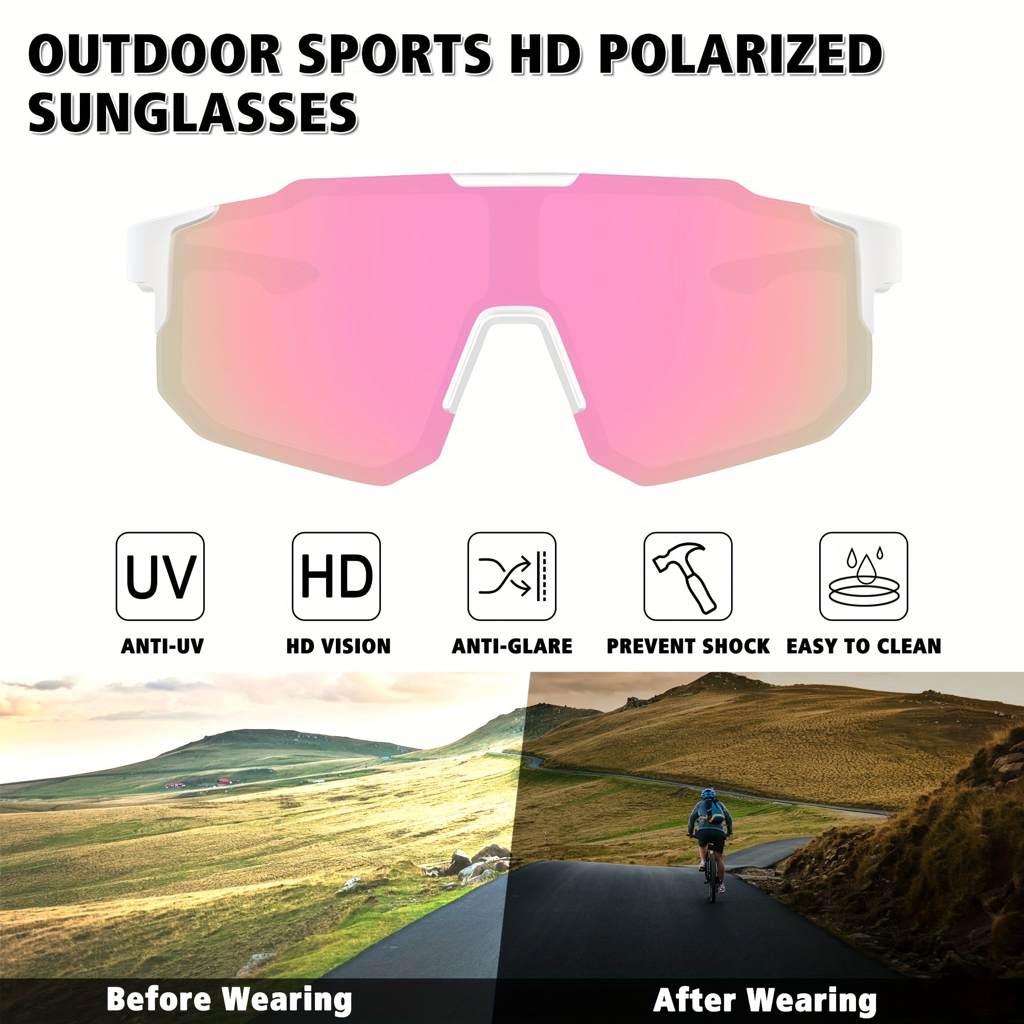 Men's Square Polarized Sunglasses Pink Lens Unisex Outdoor Sports Dazzling UV400