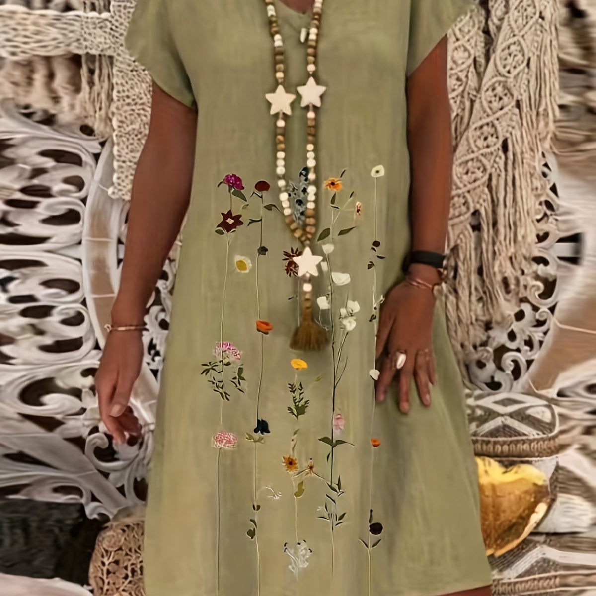 Floral Print V Neck Dress Short Sleeve for Spring & Summer