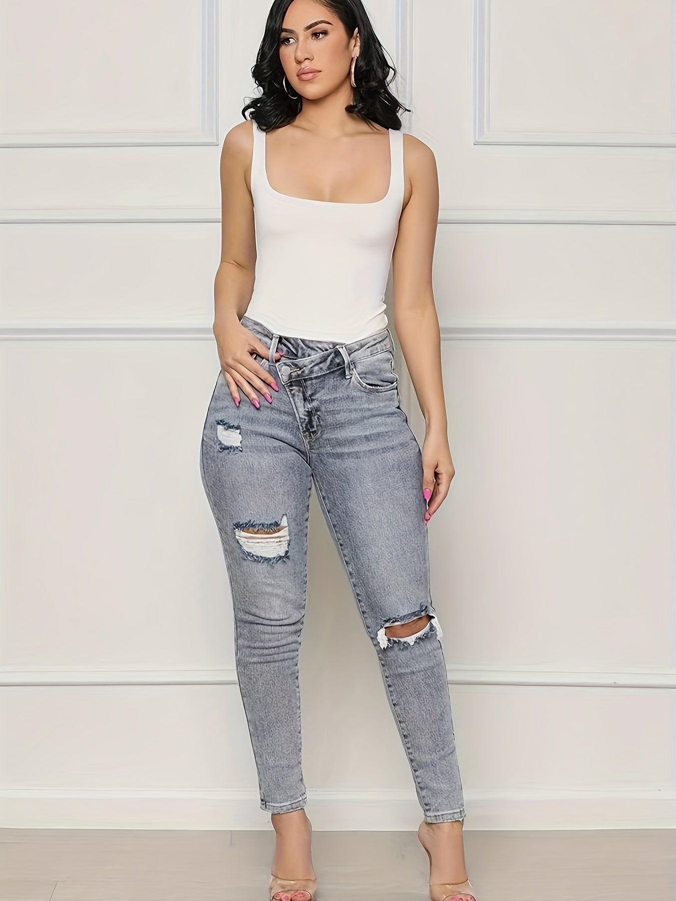  Ripped Wrap Waist Skinny Jeans