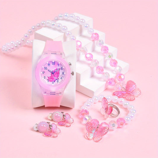 Girls' 6pcs Set Dual Movement LED Glowing Quartz Watch