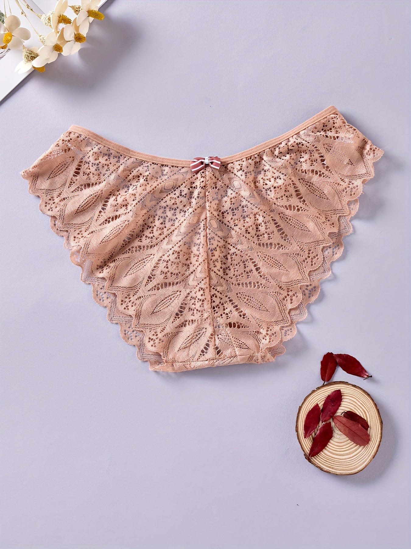 3pcs Floral Lace Bow Briefs Semi Sheer Panties