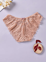3pcs Floral Lace Bow Briefs Semi Sheer Panties