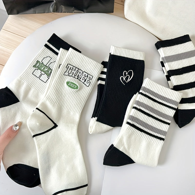 5 Pairs Stripe & Letter Print Ribbed Socks Women's Stockings