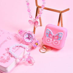 Girls' 3D Butterfly Strap Watch Set with Bracelet & Coin Purse