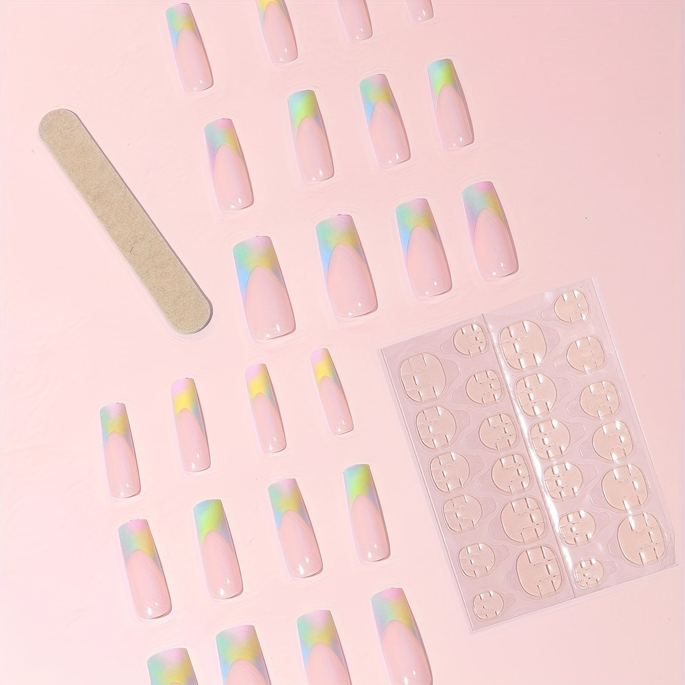 French Long Press On Nails Glossy False Nails 24 Pcs Pink Yellow