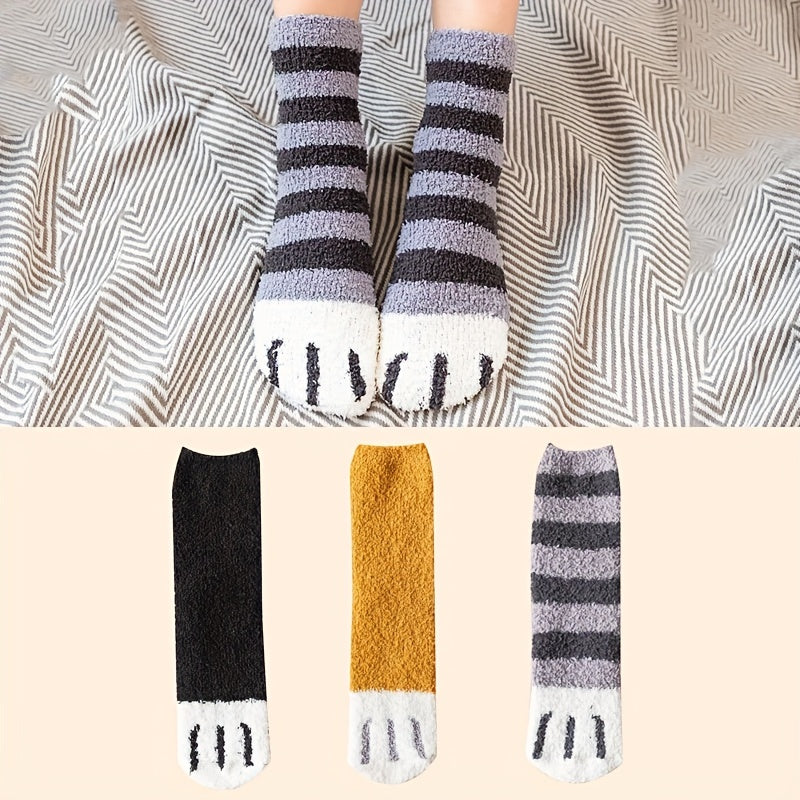 3 Pairs Cat Claw Print Socks Fuzzy & Warm Women's Stockings