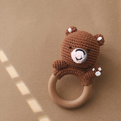 Crochet Bear Shaker Toy with Wooden Ring & Bells Sensory Stacking