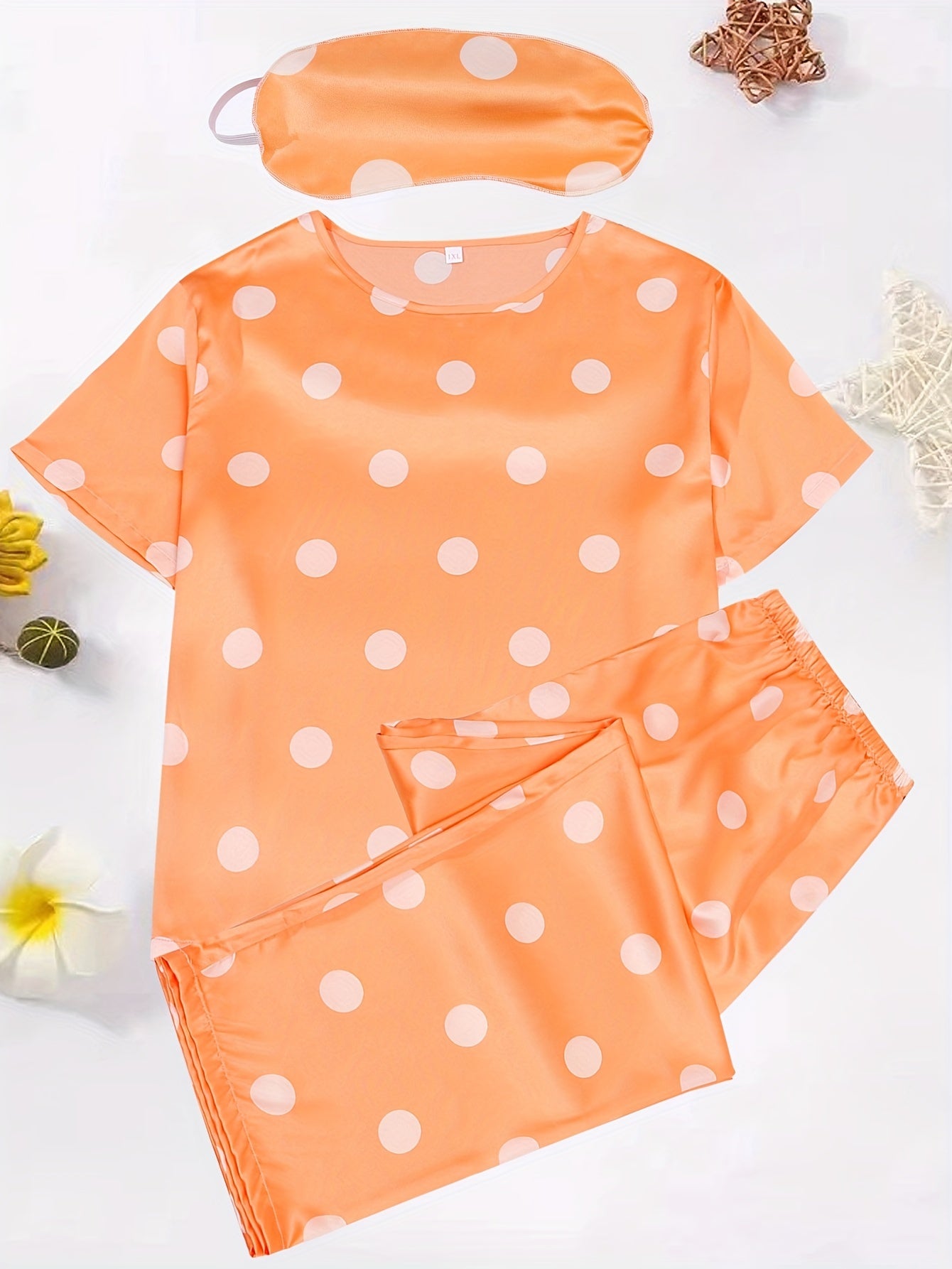  Polka Dot Satin Pajama Set with Eye Mask