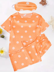  Polka Dot Satin Pajama Set with Eye Mask