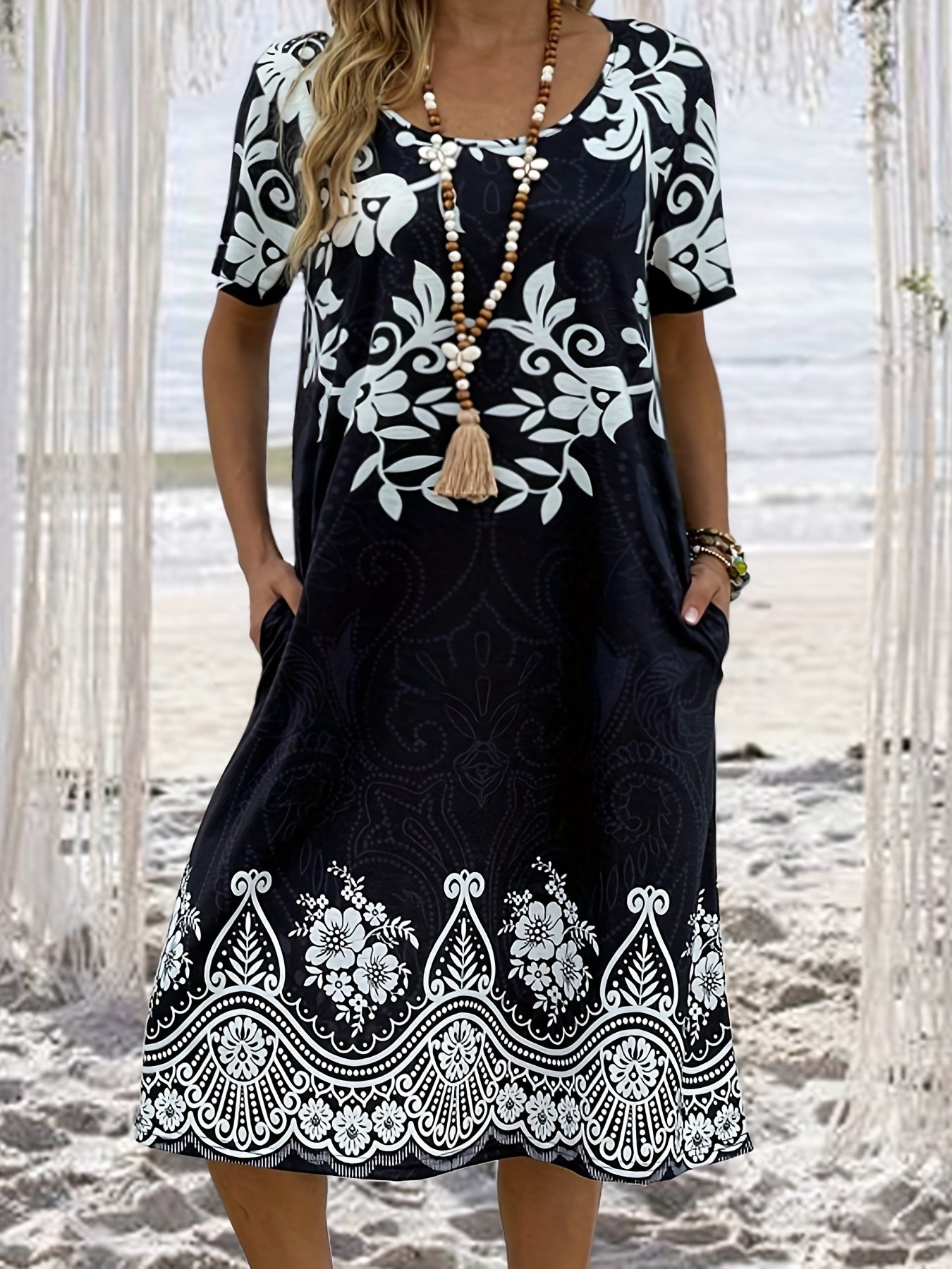 Floral Print Short Sleeve Plus Size Dress With Pockets
