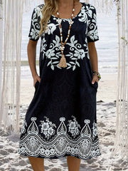 Floral Print Short Sleeve Plus Size Dress With Pockets