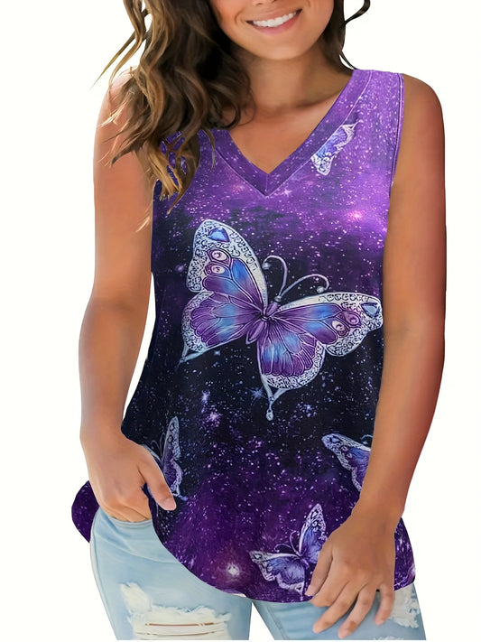  Butterfly Print V Neck Tank Top