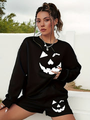 Plus Size Women's Ghost Face Print Sweatshirt & Shorts Outfit Set