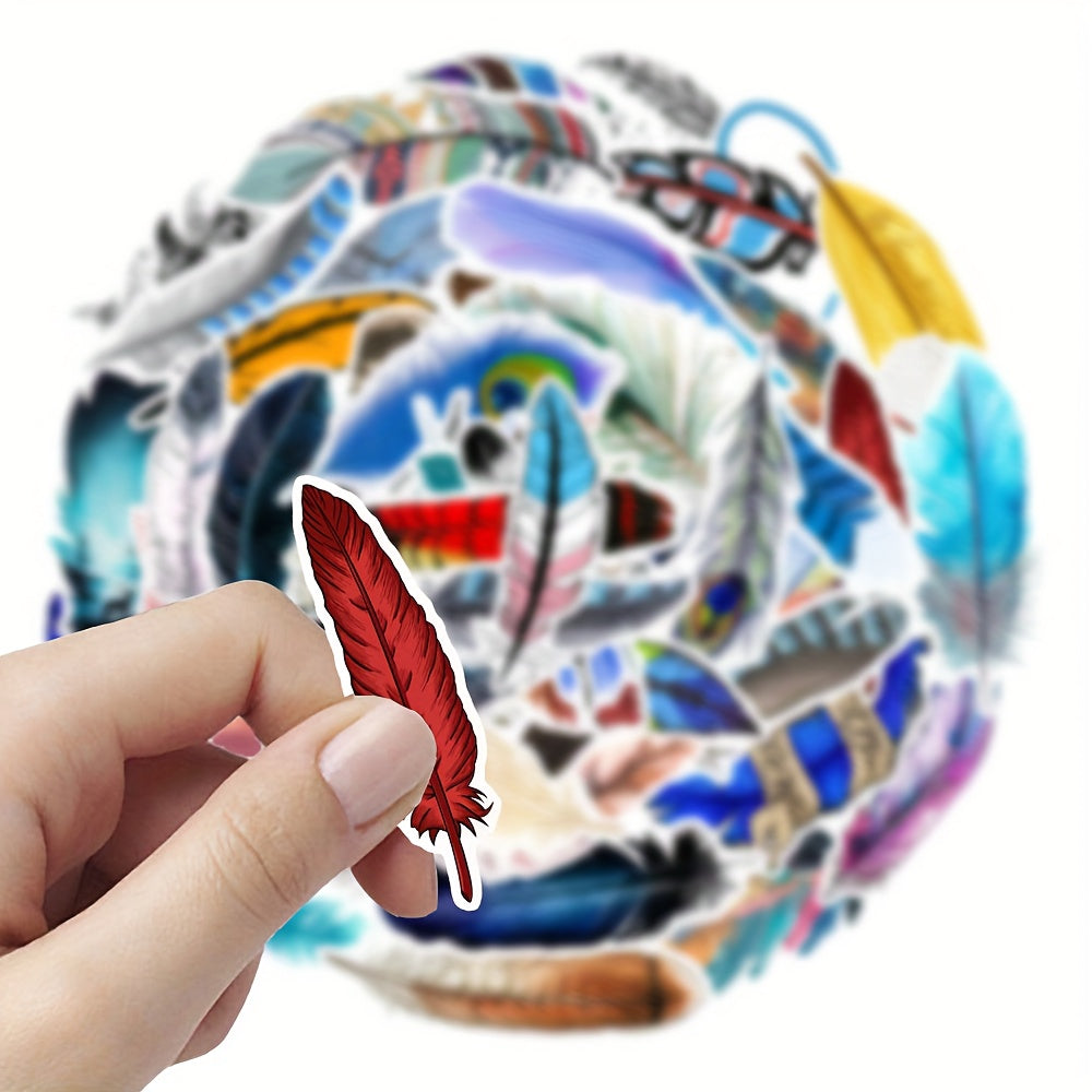 54pcs Feather Stickers Red Purple Teal Golden Self Adhesive