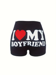  High Rise Slogan Print Skinny Shorts