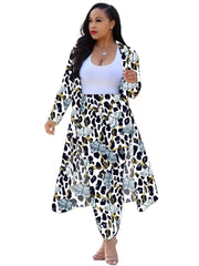 Casual Chain Print Two piece Set Long Sleeve Open Front Coat & High Waist Pants