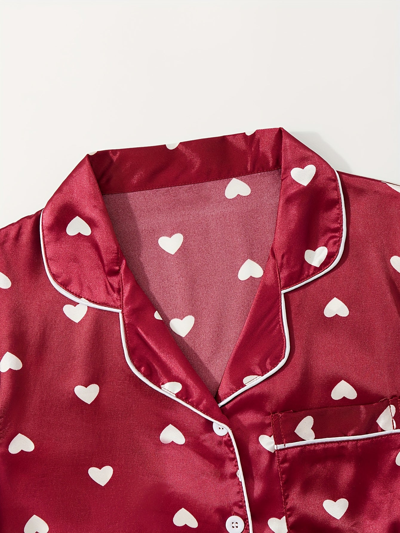 Heart Print Christmas Pajama Set Long Sleeve Top & Pants Women's Sleepwear